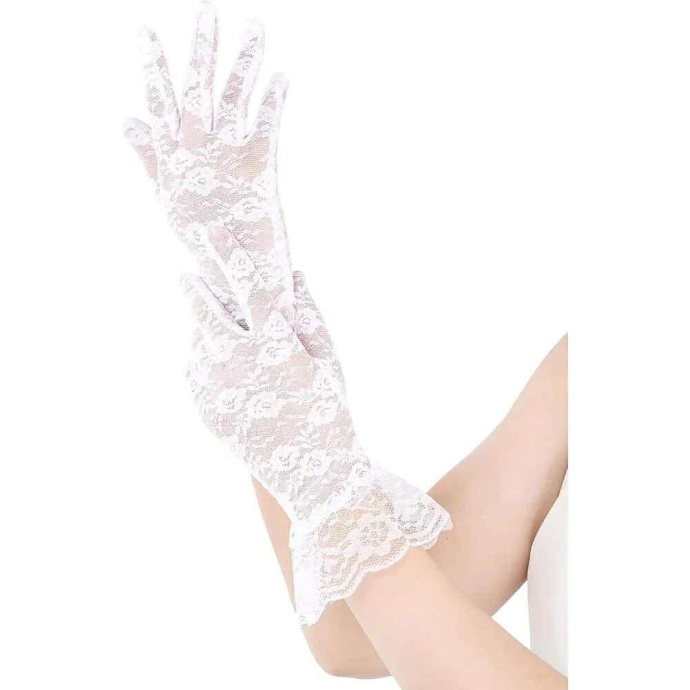 Women's White Short Nylon Mesh Imported Nylon Sheer Lace Ruffles Gloves